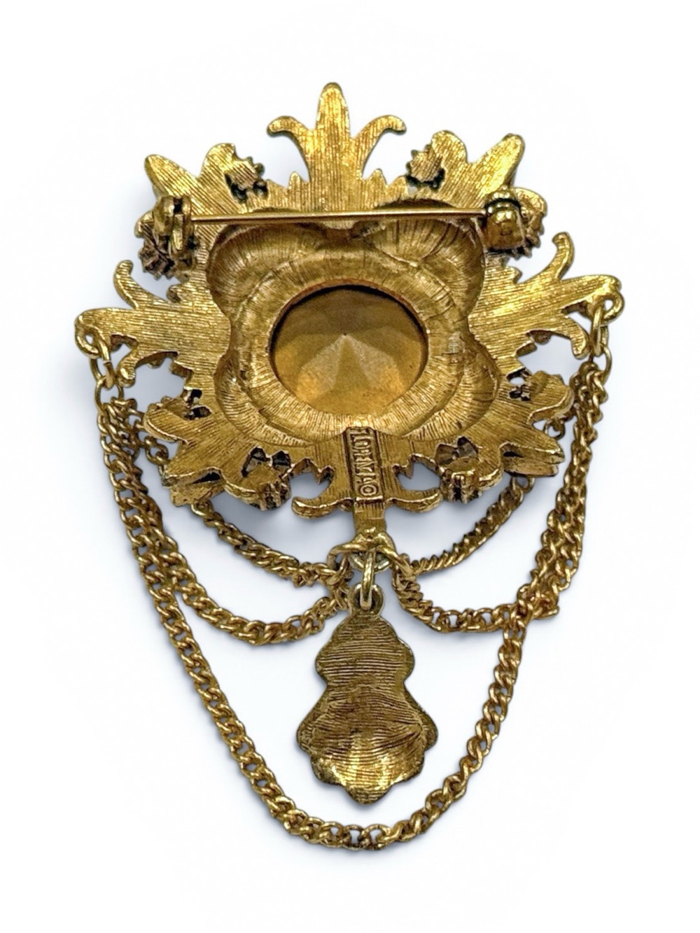 Vintage Florenza Gold-Tone Brown Crystal Brooch with Chain Drapes - Picture 12 of 16